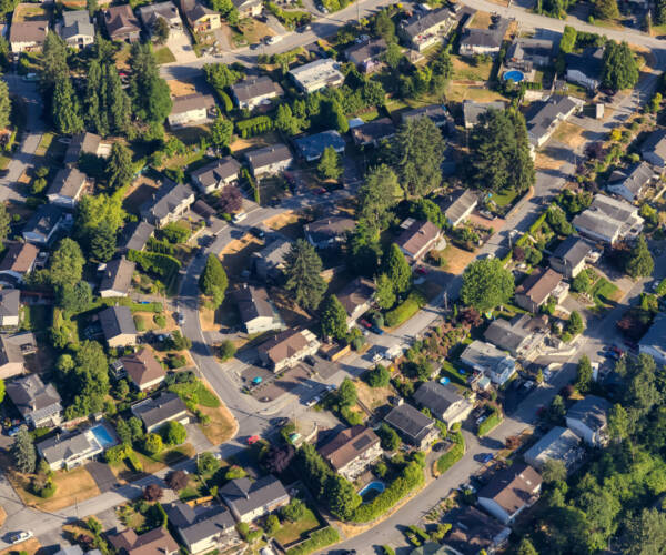 Aerial View from an Airplane of Residential Homes in Coquitlam, Greater Vancouver, British Columbia, Canada.
