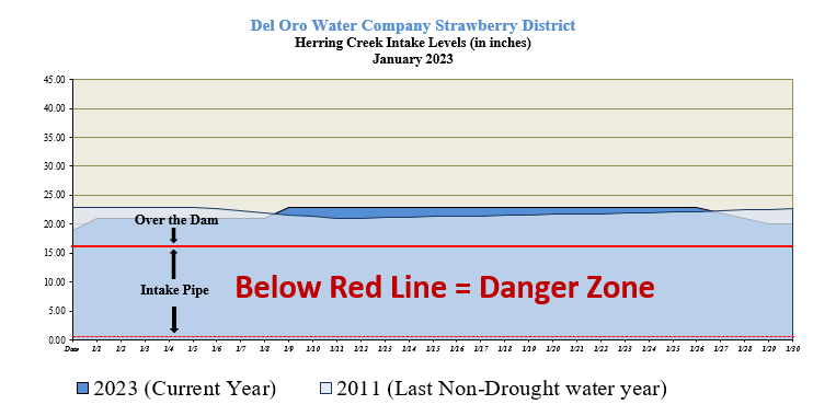 This graph shows levels at the Strawberry District Herring Creek Intake in January 2023